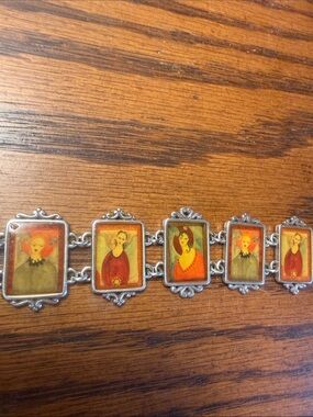 Brighton Vintage Art Portrait Link Bracelet in Orange and Yellow Tones